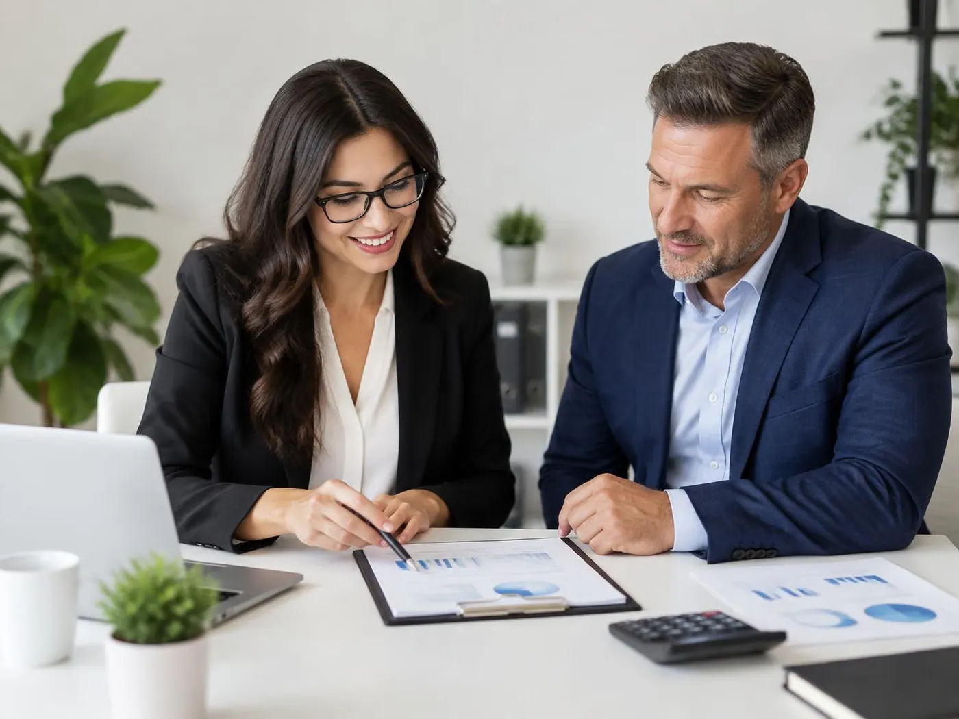 Profissional de contabilidade apresentando documentos financeiros a um empresário