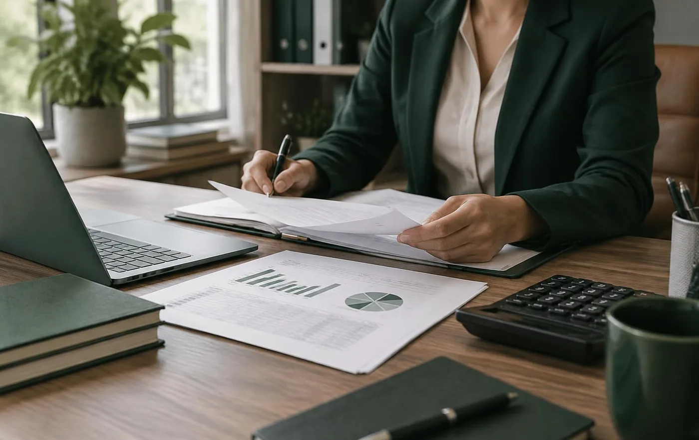 Profissional organizando documentos contábeis ao lado de computador e calculadora